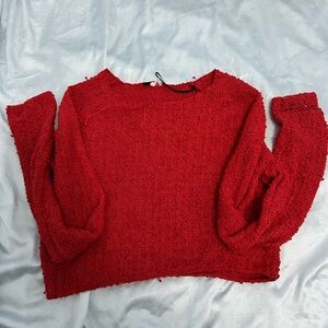 Vibrant Red Crew Neck Sweater with Fluffy Texture